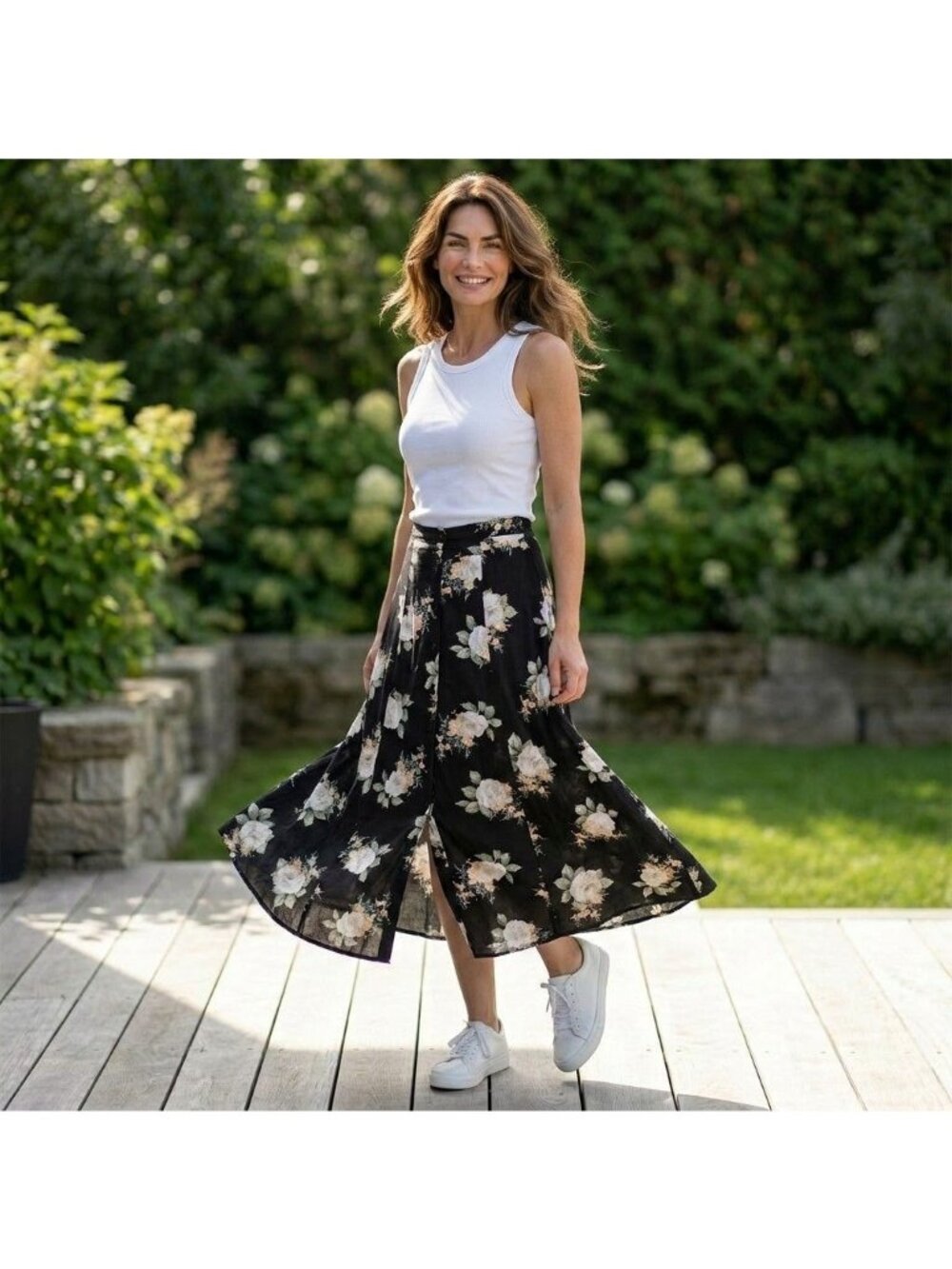 Vtg 90s Byer Black Floral Button Front A-line Midi Skirt Preppy Cottagecore XS/S - Picture 5 of 5